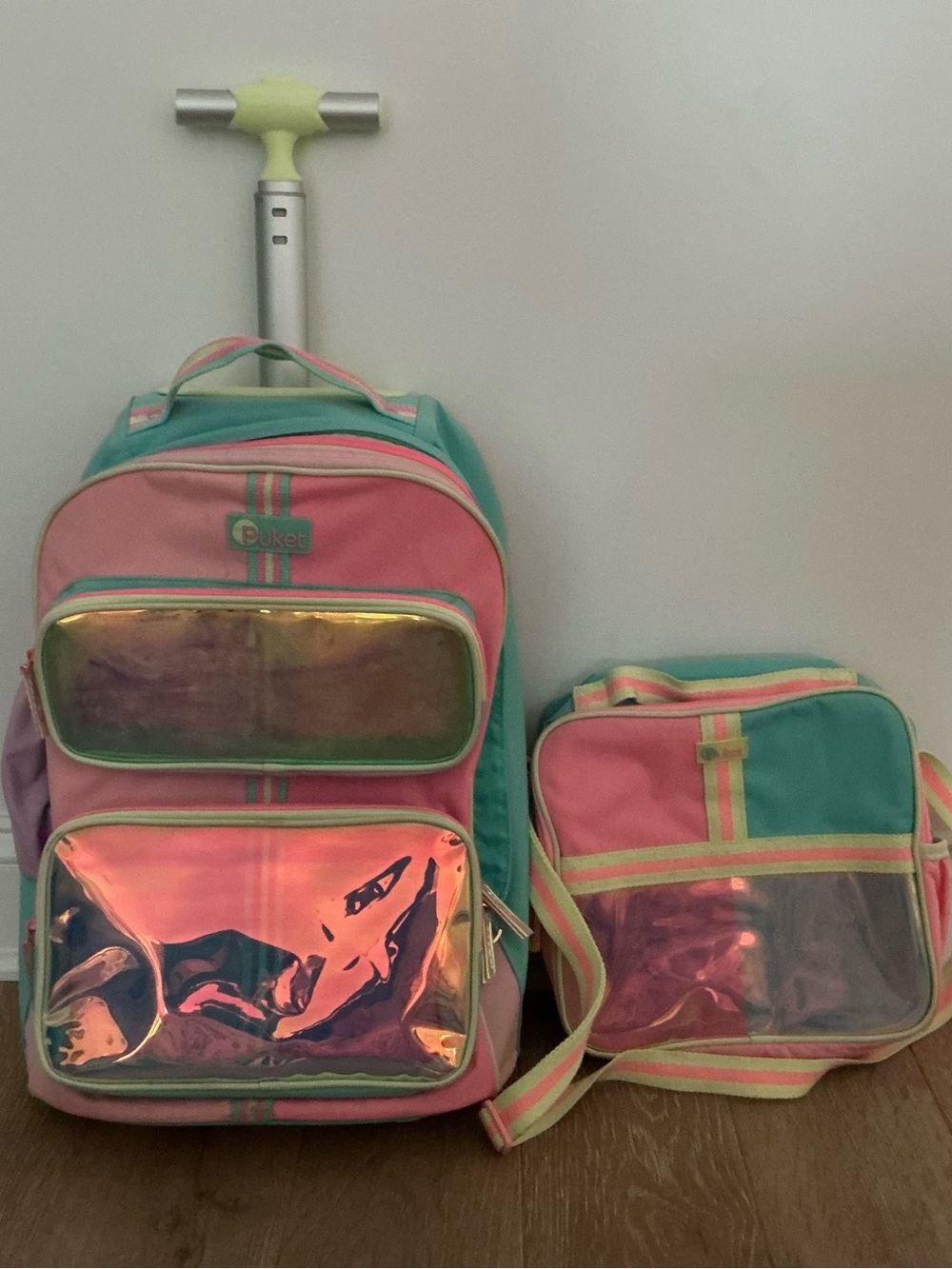 Kids Rolling Backpack and Lunch Bag Set in Pink & Teal